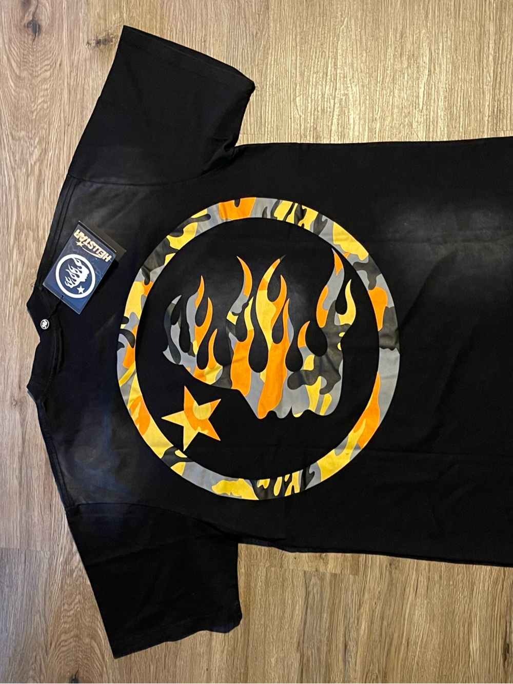 Black Short-Sleeve Tee with Yellow Camo Flame Logo